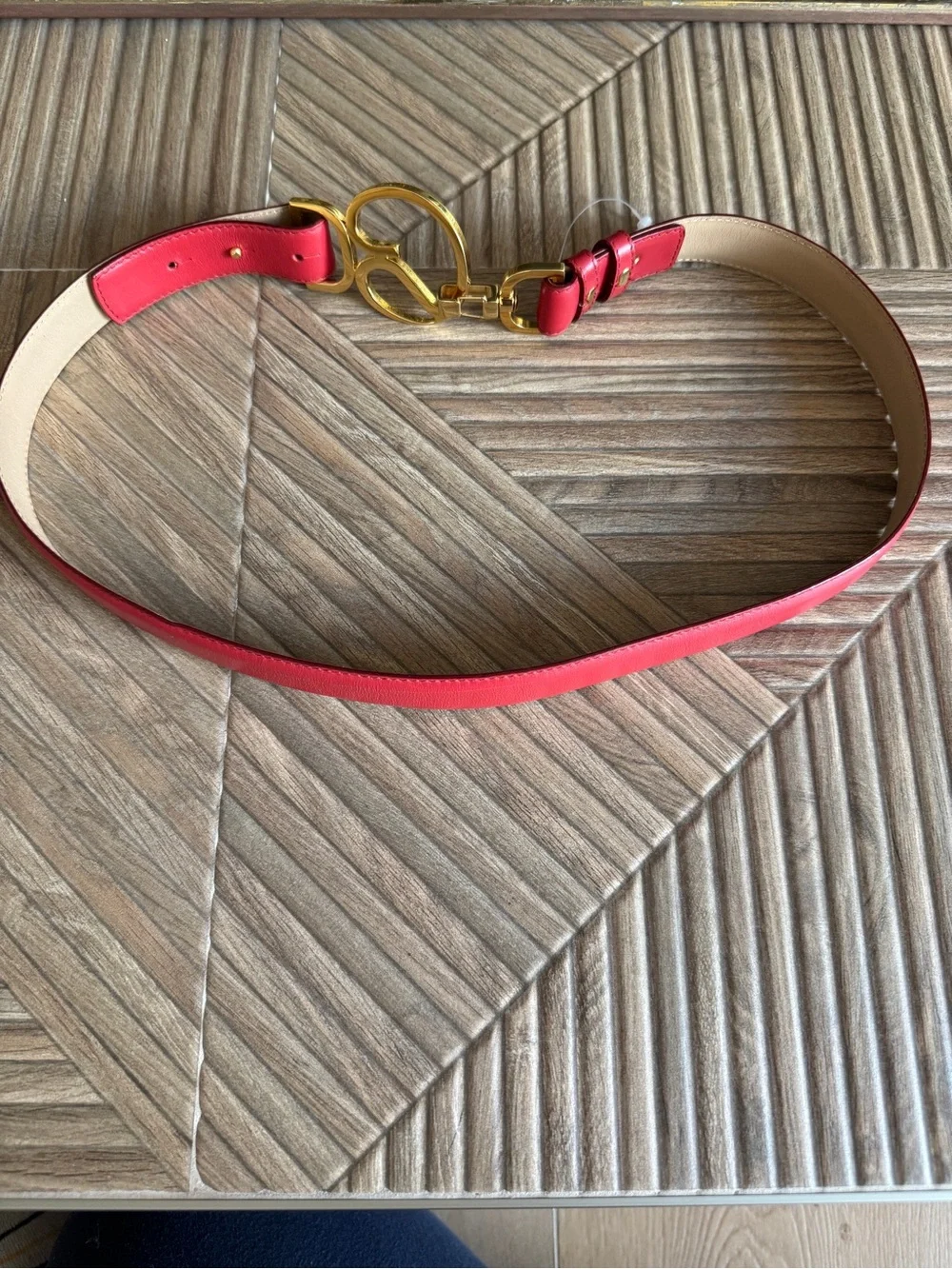 St. John Red Leather Belt with Gold Signature Interlock Size S